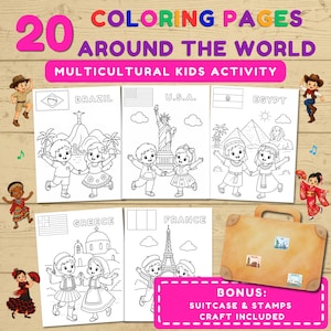 May include: A set of 20 coloring pages with the text "Coloring Pages Around The World" and "Multicultural Kids Activity." The pages feature line drawings of children in front of landmarks from different countries, including Brazil, U.S.A., Egypt, Greece, and France. A bonus suitcase and stamps craft is included.
