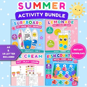 以下が含まれることがあります： 「SUMMER ACTIVITY BUNDLE」のテキストが入った、カラフルな夏の活動バンドル。サーフボードのデコレーション、レモネード作り、アイスクリームのデザイン、魚の数え方などの印刷可能なアクティビティが含まれています。A4とUSレターサイズが含まれています。