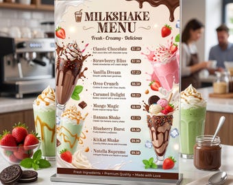 Milkshake Menu Template Editable PSD | Printable Café & Dessert Menu | Restaurant Design | Juice Bar