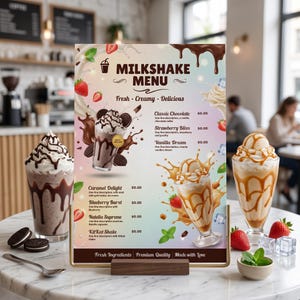 Modello di menu per milkshake modificabile in formato PSD / Menu stampabile per bar e dessert / Design per ristorante / Juice bar
