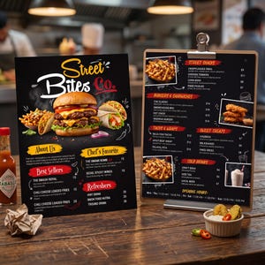 May include: A black menu board and a clipboard menu for Street Bites Co. featuring a double cheeseburger, tacos, and fries. The menu lists items like The Smash Royal, crispy loaded fries, and churros, with prices in dollars and opening hours.