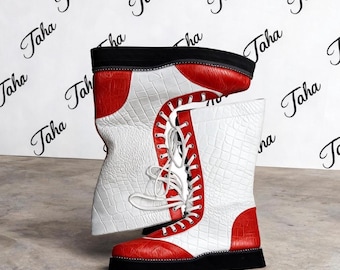 Personalizowane buty do wrestlingu, ręcznie robione, 100% oryginalnej skóry, wzór Crocs w kolorze białym i czerwonym