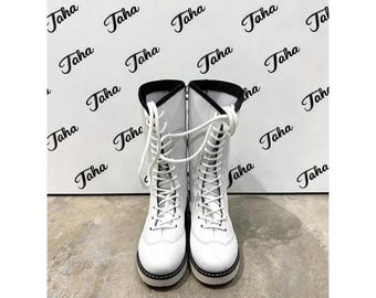 Customizable Pro Wrestling Long White Boots, Handmade, 100% Original Leather, Lace-up style