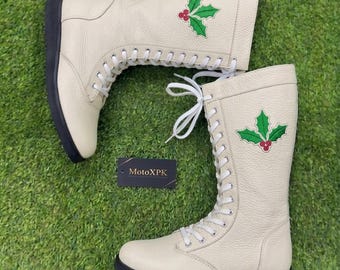 Handmade Pro Wrestling Boots, 100% Genuine Leather, Cream Color, Holly & Berry Design.
