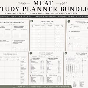 Pode incluir: Um pacote de planejador de estudos MCAT digital com seis páginas imprimíveis, incluindo um rastreador de progresso, registro de estudo diário, revisão semanal, registro de erros, lista de verificação e cronograma de estudos.