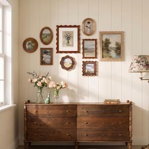 Vintage-Bilderwand aus Walnussholz mit Rahmen | Botanische und Landschaftsmotive | Wandcollage aus Holz | Französische Wanddekoration im Landhausstil (8x10 Zoll, 4x4 Zoll Rahmen)