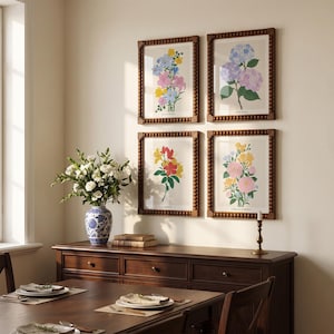 Vintage Bobbin Beaded Framed Art Set, Colorful Floral Botanical Print, 8x10 11x14 Walnut Wood Frames, Neutral Cottage Gallery Wall Decor