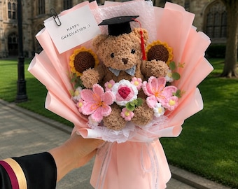 Custom Graduation Teddy Bear Bouquet, Crochet Flower Bouquet Gift, Handmade Plush Bear Arrangement, Personalized Keepsake Gift for Her
