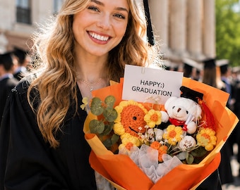 Graduation Crochet Bouquet, Handmade Graduation Bear Flower Bouquet, Cute Graduation Gift for Her Him, Sunflower Yarn Bouquet Keepsake
