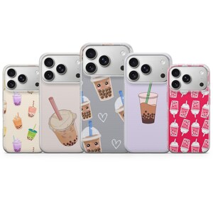 May include: Five phone cases with a repeating pattern of bubble tea drinks. The cases have different background colors, including beige, gray, and lavender. Each case features a different bubble tea design with a straw.