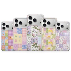 May include: Five smartphone cases arranged in a row, each featuring a distinct patchwork design. The patterns include floral motifs, gingham checks, ladybugs, small animals, and geometric shapes in soft pastel shades of pink, yellow, blue, and purple.