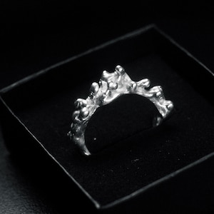 Puede incluir: Un anillo plateado con un diseño orgánico y texturizado, que recuerda a una formación natural. El anillo se presenta en una caja negra, resaltando su forma única y brillo metálico. El diseño del anillo presenta protuberancias y curvas irregulares.