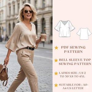 Può includere: Una donna indossa un top beige con maniche a campana e pantaloni abbinati. L'immagine include un modello di cucito PDF per un top con maniche a campana, taglie da donna US 2 a 4XL.