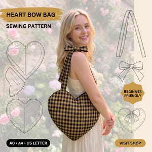 Heart Bow Tote Bag Sewing Pattern PDF, Heart Shape Bag Pattern, Bow Strap Tote Pattern, Cute Shoulder Bag, A4 A0 US Letter, Instant Download
