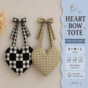 May include: Two heart-shaped tote bags with bow handles. One is black and white checkered, the other is olive green and white checkered. The bags are part of a PDF pattern, available in S, M, and L sizes, with instant download.