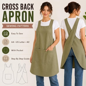 May include: An olive green cross-back apron sewing pattern. The apron features a large front pocket and a cross-back design. The image includes text that reads "CROSS BACK APRON SEWING PATTERN", "Easy To Sew", "With Pocket", and "Step By Step Guide".