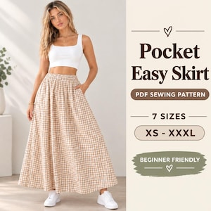 Puede incluir: Un patrón de costura en PDF para una falda Pocket Easy Skirt, disponible en 7 tallas de la XS a la XXXL. El texto dice: Pocket Easy Skirt, PDF SEWING PATTERN, 7 SIZES, XS - XXXL, BEGINNER FRIENDLY. La falda es larga, con estampado de cuadros beige y blanco.