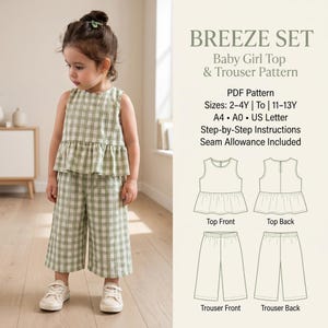 Kids Top and Pants Sewing Pattern PDF, Baby Girl Peplum Top Pattern, Wide Leg Trouser Pattern, Beginner Friendly Toddler Outfit,
