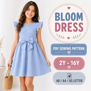 May include: A light blue dress with ruffled sleeves and a central bow at the waist. Text on the right reads: BLOOM DRESS, PDF SEWING PATTERN, 2Y - 16Y, A0 / A4 / US LETTER. The dress is shown on a person holding a small woven straw bag.