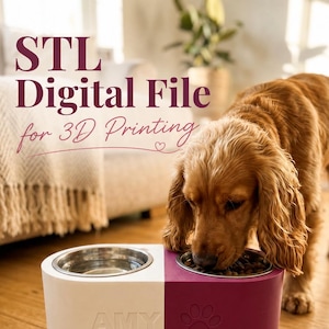 May include: A dual-bowl pet feeder with a white and magenta base, featuring the name AMY and a paw print embossed on the front. The text reads STL Digital File for 3D Printing, STL FILE FORMAT, EASY TO PRINT, MODULAR DESIGN, MADE FOR PETS, PRINT ASSEMBLE ENJOY.