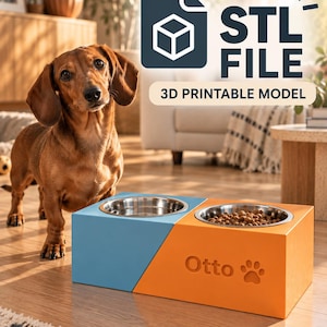 Può includere: Un supporto rettangolare bicolore blu e arancione per animali domestici con due ciotole circolari in acciaio inossidabile. Il lato arancione presenta il nome Otto in rilievo e un'impronta di zampa. Il testo STL FILE 3D PRINTABLE MODEL è sopra.
