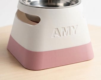名入れ可能な3Dプリント製犬用ボウル｜カスタム名入れ可能な高さのあるフィーダー｜ステンレス製インサート｜ツートンカラー