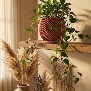 Op de afbeelding: Een terracotta-kleurige plantenpot met een diagonaal geribbelde textuur, inclusief een bijpassende schotel. De pot bevat een hangende groene pothosplant met hartvormige bladeren die over de zijkanten van de pot naar beneden vallen.