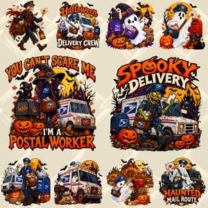 Puede incluir: Una colección de ilustraciones con temática de Halloween que muestran carteros, fantasmas, zombis y esqueletos entregando correo. Los diseños incluyen camiones postales, buzones azules, calabazas y textos como Spooky Delivery y Haunted Mail Route.