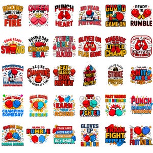 Può includere: Una collezione di venticinque design grafici colorati con guantoni da boxe e testi motivazionali. Ogni illustrazione quadrata mostra varie frasi come Boxing Builds My Fire, Queen of the Ring e Punch with Heart in caratteri audaci.