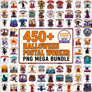 May include: A digital collection of 450+ Halloween-themed postal worker graphic designs featuring various spooky characters, mail carriers, and pumpkins. The central text reads 450+ HALLOWEEN POSTAL WORKER PNG MEGA BUNDLE, TRANSPARENT BACKGROUND, 300 DPI, READY TO PRINT.
