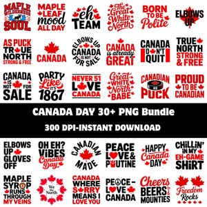 Puede incluir: Una colección digital de más de 30 diseños gráficos con temática de Canadá en rojo y negro. Las imágenes incluyen hojas de arce, discos de hockey y frases como Maple Wilderness Soul, Born to be Polite y Canada Day 30+ PNG Bundle 300 DPI.