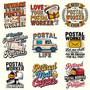 Puede incluir: Una colección de nueve diseños gráficos con temas de trabajadores postales. Las ilustraciones incluyen camiones de correo, buzones, sobres y varias tipografías como 'Best Postal Worker Ever', 'Postal Life' y 'Retired Mail Carrier' en colores vibrantes.