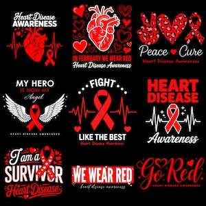 Paquete de imágenes PNG y SVG para concienciación sobre enfermedades cardíacas / Diseño de camisetas de apoyo cardíaco / Gráficos de latidos con cinta roja