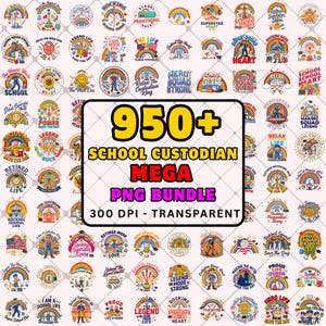 以下が含まれることがあります： 虹、掃除用具、テキストを特徴とする950以上の学校用務員をテーマにしたグラフィックデザインのデジタルコレクション。中央のテキストには「950+ SCHOOL CUSTODIAN MEGA PNG BUNDLE 300 DPI - TRANSPARENT」と書かれており、周囲には様々なカラフルなイラストが配置されています。