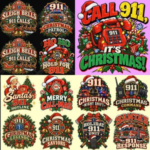 Pode incluir: Uma coleção de doze designs gráficos com temas de Natal e serviços de emergência. As ilustrações incluem telefones vermelhos, caminhões de bombeiros, Papai Noel, ramos de pinheiro, enfeites e o texto Call 911 It's Christmas.