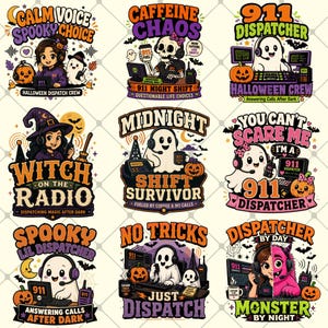 Puede incluir: Una colección de nueve diseños gráficos con ilustraciones de despachadores del 911 con temática de Halloween. Cada diseño incluye personajes de dibujos animados como fantasmas, brujas y monstruos con auriculares, calabazas y texto.