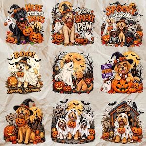 May include: A collection of nine Halloween-themed illustrations featuring dogs in costumes, pumpkins, ghosts, and bats. Text elements include phrases like Here for the Treats, Just a Spooky Paw, Spooky Season, Boo, and Trick or Treat, set against a textured background.