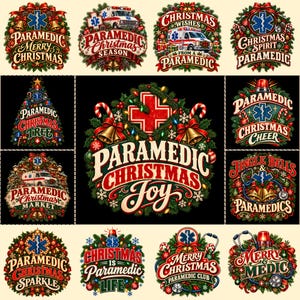 May include: A collection of twelve circular and triangular graphic designs featuring paramedic themes, Christmas wreaths, ambulances, stethoscopes, bells, and red crosses. Each design includes festive text such as Paramedic Christmas Joy.