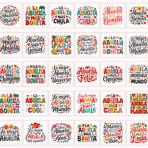 May include: A collection of thirty square graphic designs featuring colorful typography and floral illustrations celebrating grandmothers. Each square contains unique Spanish phrases like La Mejor Abuelita del Mundo, Abuelita Super Genial, and La Abuelita Mas Bonita, decorated with hearts, suns, palm trees, and bees.