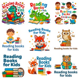 Op de afbeelding: Een verzameling van negen kleurrijke illustraties met stripfiguren van dieren en kinderen die boeken lezen, waaronder een dinosaurus, draken, een uil, een vos, een egel en een beer, vergezeld van de tekst Reading Books for Kids.