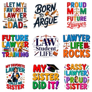 Peut inclure: Une collection de neuf designs graphiques présentant des textes et des illustrations sur le thème du droit, notamment des marteaux, des balances de justice, des livres de droit et des toques de diplômés. La typographie colorée inclut des phrases comme Law Student Life.