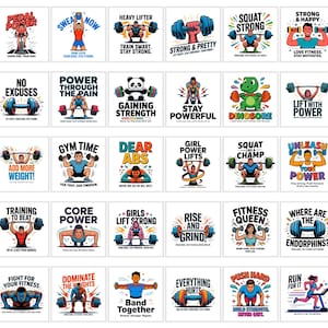 May include: A collection of thirty square graphic stickers featuring diverse fitness-themed illustrations, including people lifting dumbbells and barbells, a panda, and a dinosaur, accompanied by motivational text slogans in various colorful fonts.