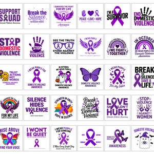 Könnte beinhalten: Eine Sammlung von dreißig quadratischen Grafikdesigns mit violetten Bewusstseinsschleifen, Text-Slogans und Illustrationen zum Thema häusliche Gewalt, darunter Schmetterlinge, Geister, Herzen und Hände auf weißem Hintergrund.