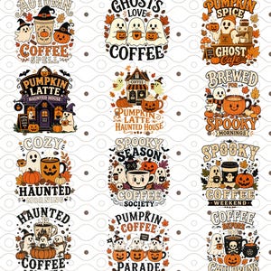May include: A collection of twelve graphic designs featuring ghosts, pumpkins, and coffee-themed illustrations with text including Autumn Coffee Spell, Ghosts Love Coffee, Pumpkin Spice Ghost Cafe, Pumpkin Latte Haunted House, and Spooky Season Coffee Society.