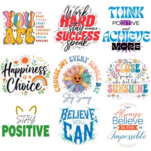 Paquete de imágenes PNG y SVG con frases positivas / Diseños inspiradores / Frases motivacionales / Imágenes prediseñadas motivadoras / Descarga comercial