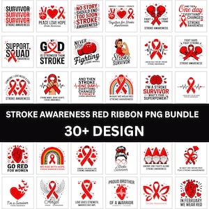 Peut inclure: Une collection numérique de plus de 30 designs graphiques présentant des rubans rouges, des cœurs, des gants de boxe, des cœurs anatomiques et des gnomes, axés sur la sensibilisation aux AVC avec diverses phrases et typographies en rouge, noir et blanc.