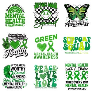 Pode incluir: Uma coleção de nove designs gráficos com fitas de conscientização verdes, corações, borboletas e girassóis. O texto inclui frases como In May We Wear Green, Support Squad, Peace Love Mental Health e Mental Health Awareness em várias fontes.