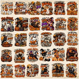 May include: A collection of thirty Halloween-themed graphic illustrations featuring dogs, cats, and raccoons in costumes with pumpkins and text like Too Cute to Spook, Spooky Chaos Crew, and Trash Panda, arranged in a grid on a light background.