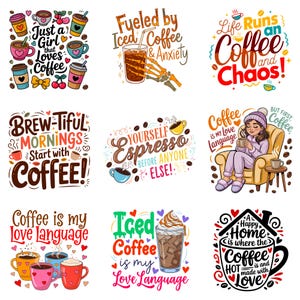 Peut inclure: Un ensemble de neuf illustrations graphiques colorées sur le thème du café avec de la typographie. Les images présentent des tasses de café, du café glacé, une main squelettique, une personne dans un fauteuil et des phrases comme Coffee is my Love Language.