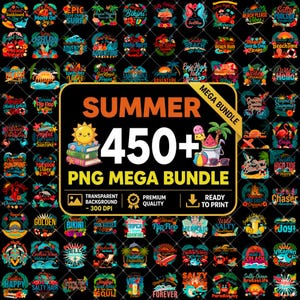 Peut inclure: Une collection numérique de plus de 450 designs graphiques sur le thème de l'été, présentant des illustrations colorées de palmiers, d'éléments de plage et de motifs tropicaux avec du texte, sous forme de pack avec fond transparent.